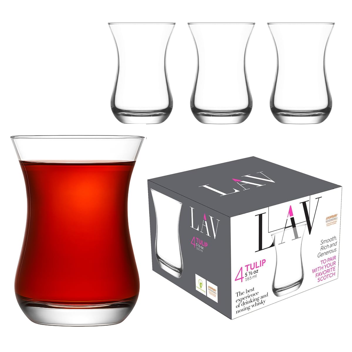 LAV Turkish Tea Cups Set of 4 - Thick Tulip Glasses, Whiskey Shot Glass Set, Scotch Glasses, Drinking Set - 5.5 oz